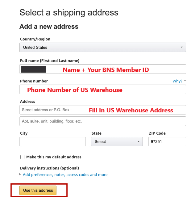 Amazon Shopping Guide 6-Use warehouse address provided by Buyandship 