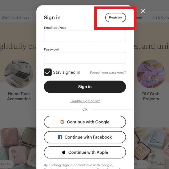 Shop Etsy US/UK in MY Tutorial 2: click register to create etsy account