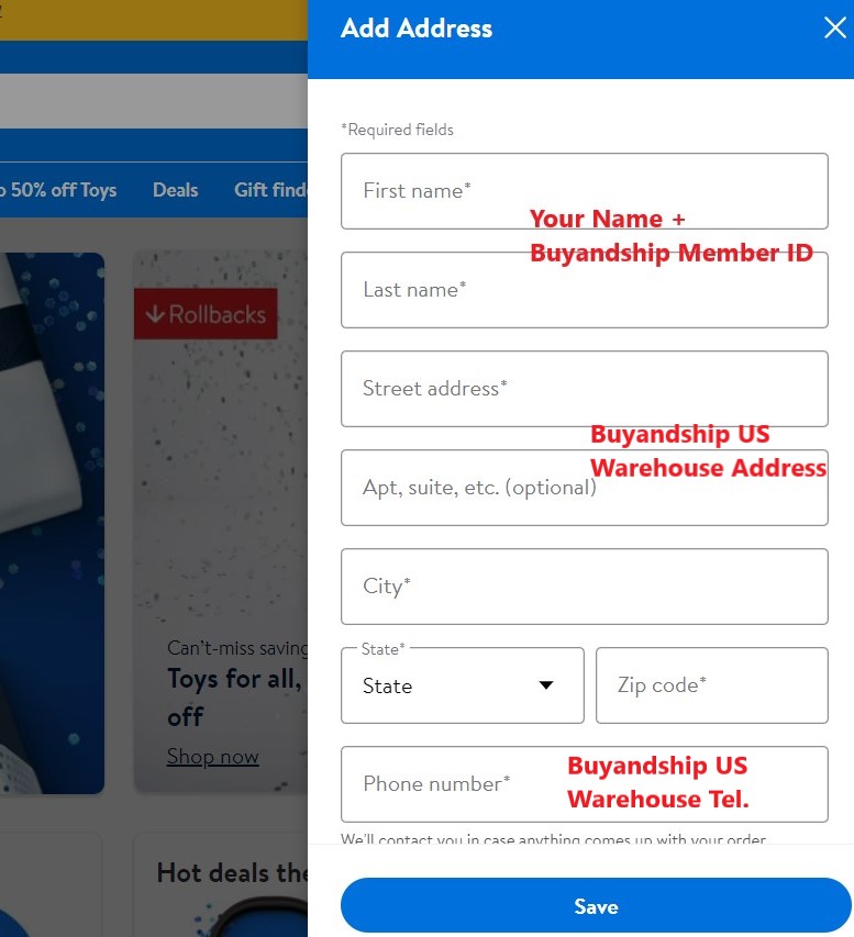 walmart shopping tutorial 5- add Buyandship's us warehouse address 