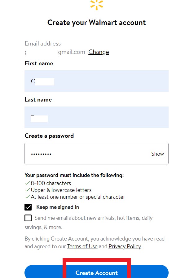 walmart shopping tutorial 3- create walmart account with name and email address buyandship