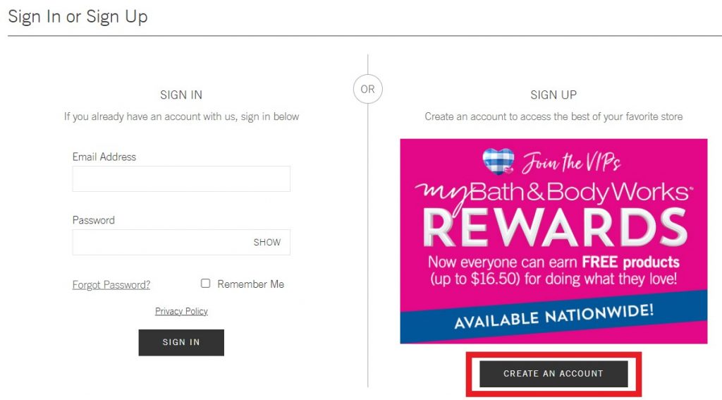Bath and Body Works US Shopping Tutorial 4: log in or create an account