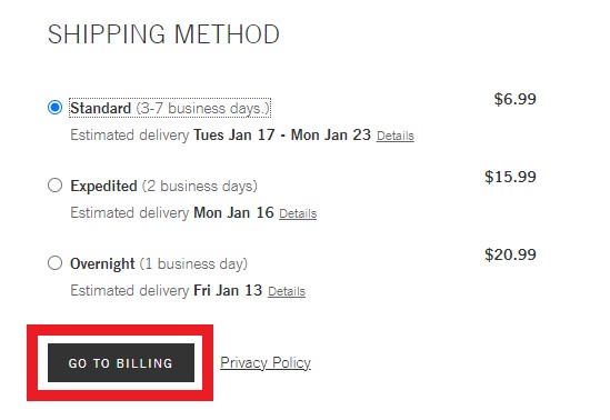 Bath and Body Works US Shopping Tutorial 10: choose shipping method