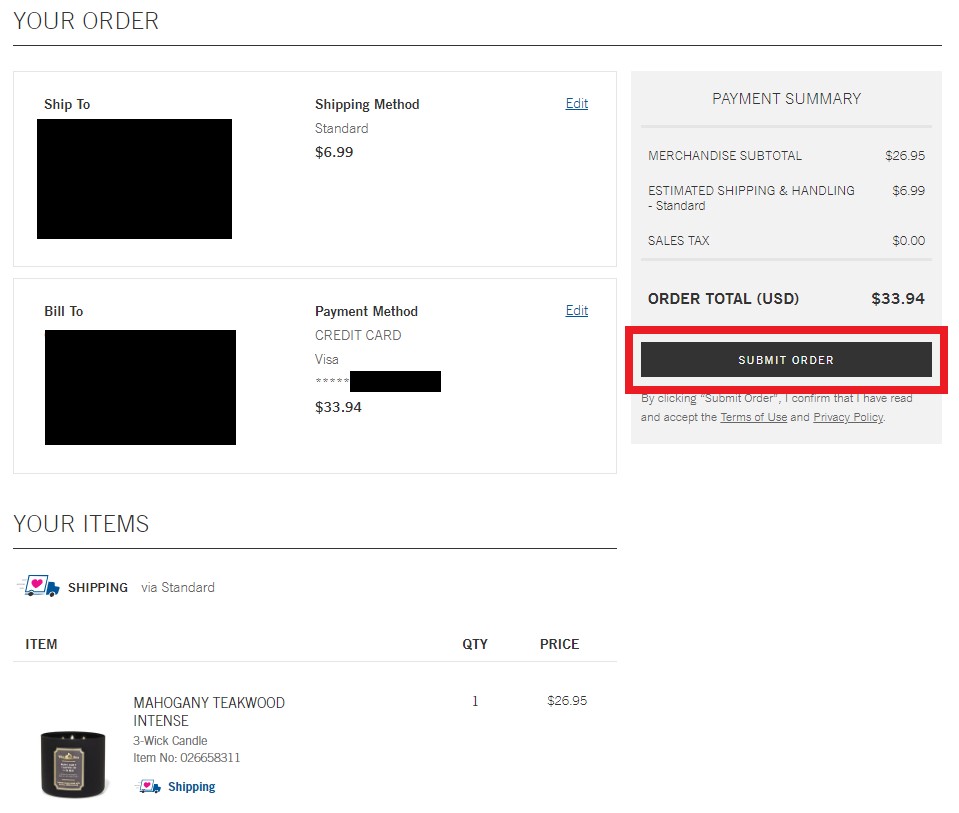 Bath and Body Works US Shopping Tutorial 12: double check cart and submit order