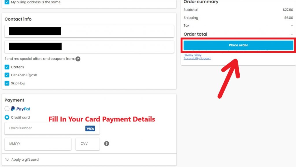 Carter's US Shopping Tutorial 8: checkout and choose payment method of either PayPal or credit card