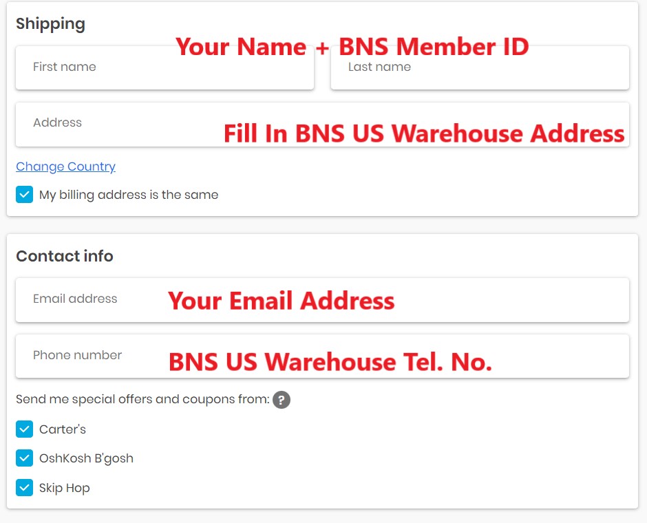 Carter's US Shopping Tutorial 7: fill in Buyandship's US warehouse address as the shipping address
