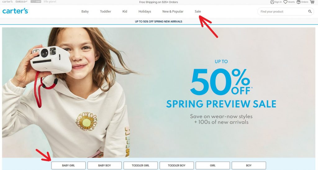 Carter's US Shopping Tutorial 3: visit Carter's online store and browse by categories