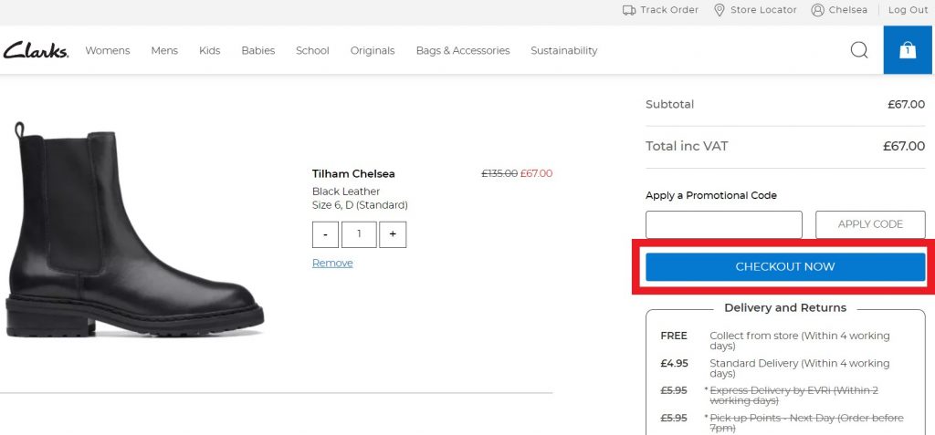 Clarks UK Shopping Tutorial 6: double check your cart and checkout
