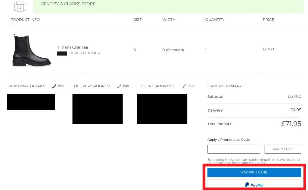 Clarks UK Shopping Tutorial 9: choose payment method of either credit card or paypal