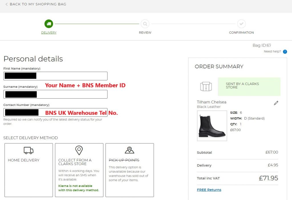 Clarks UK Shopping Tutorial 7: fill in warehouse telephone number and select home delivery