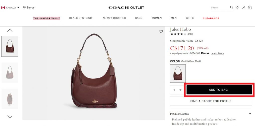 Coach Outlet CA Shopping Tutorial 5: browse and add items to cart on Coach Outlet CA