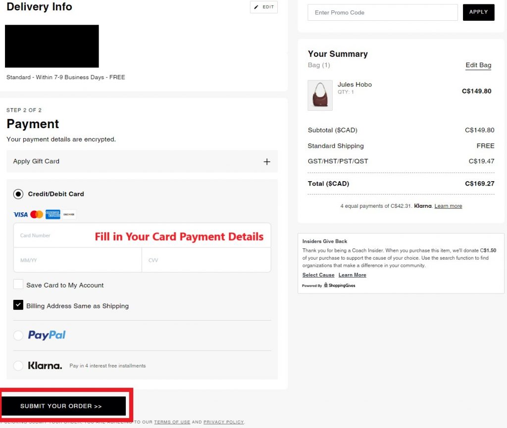 Coach Outlet CA Shopping Tutorial 8: choose your payment method and submit your order