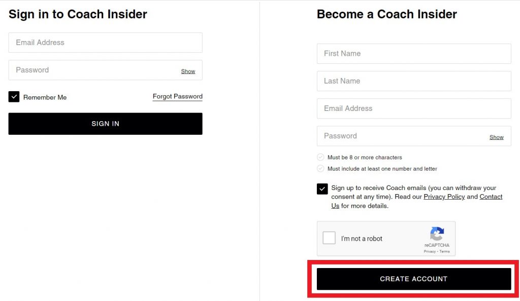 Coach Outlet CA Shopping Tutorial 4: Log in or create an account by filling in personal details