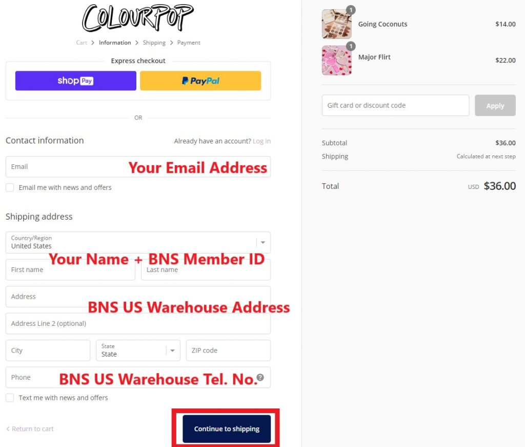 Colourpop US Shopping Tutorial 6: fill in Buyandship's US warehouse address and telephone number as your shipping address