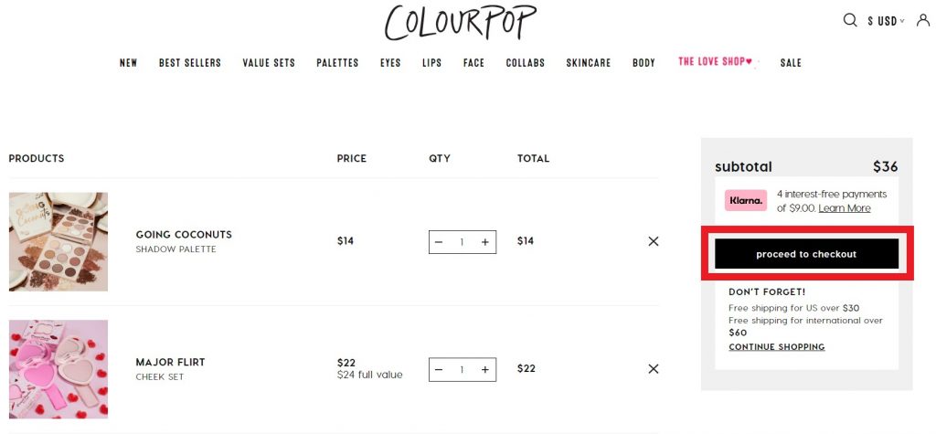 Colourpop US Shopping Tutorial 5: double check your cart and continue