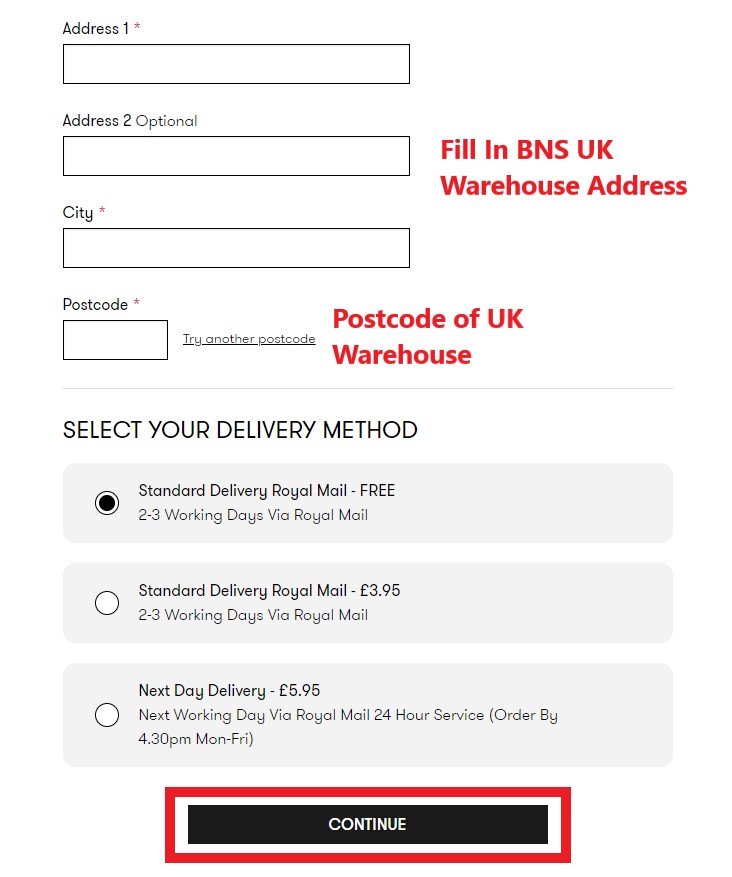 Fitflop UK Shopping Tutorial 8: fill in BNS UK warehouse address as your shipping address