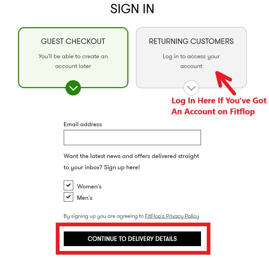 Fitflop UK Shopping Tutorial 6: enter email address for guest checkout, or log in