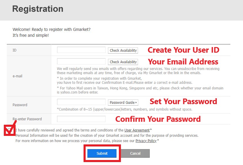 Gmarket Shopping Tutorial 4: fill in personal details and set up password