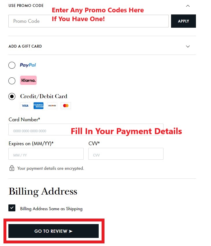 Kate Spade USA Shopping Tutorial 8: choose payment method of credit card or paypal