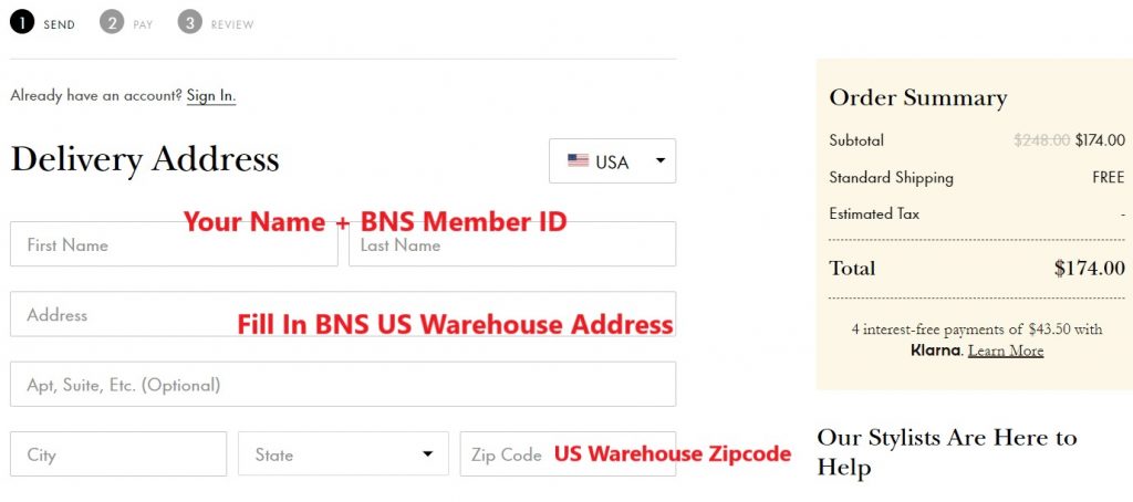 Kate Spade USA Shopping Tutorial 6: enter Buyandship's US warehouse address as your delivery address