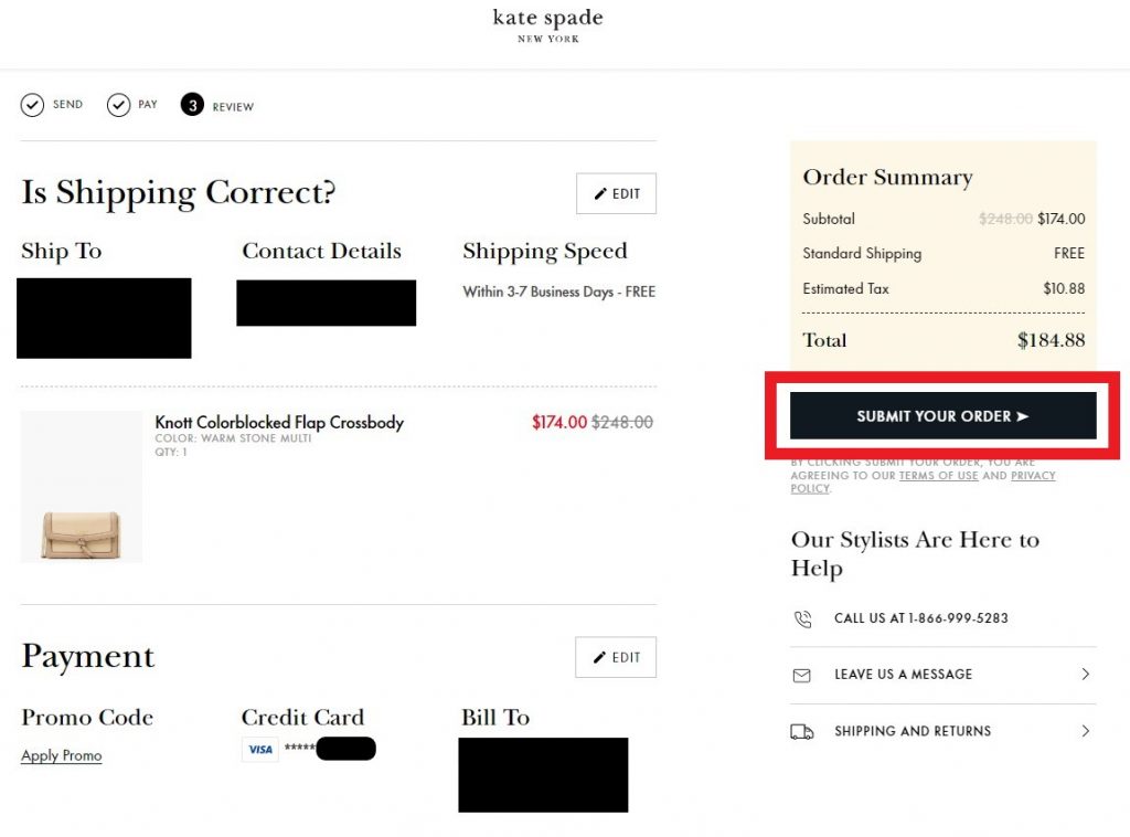 Kate Spade USA Shopping Tutorial 9: double check all details and submit your order