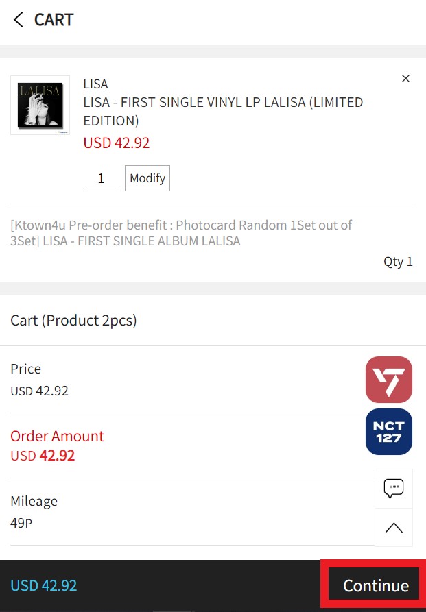 Ktown4u KR Shopping Tutorial 7: double check your cart and click continue