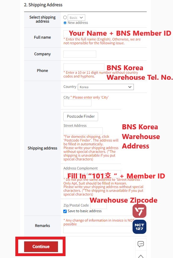 Ktown4u KR Shopping Tutorial 8: fill in Buyandship Korea warehouse as your shipping address