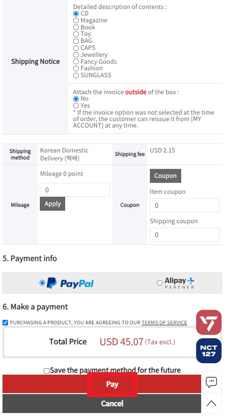 Ktown4u KR Shopping Tutorial 10: choose Paypal as payment method and confirm your order