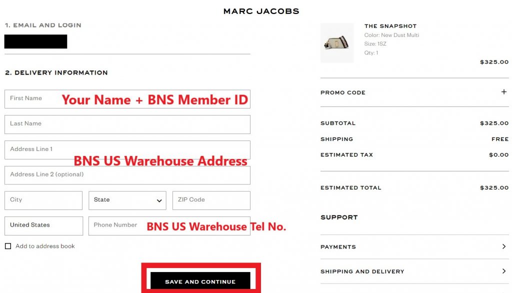 Marc Jacobs Shopping Tutorial 6 : fill in shipping/delivery address and use Buyandship Los Angeles warehouse address