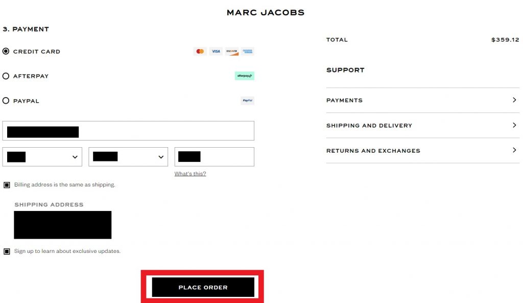 Marc Jacobs Shopping Tutorial 7 : choose payment method and enter payment details