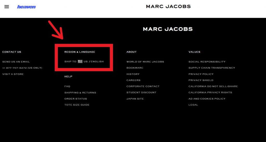 Marc Jacobs Shopping Tutorial 1: visit website and set shipping region