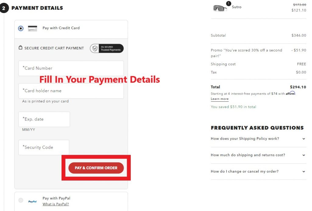 Oakley US Shopping Tutorial 7: choose your payment method of either PayPal or credit card, and fill in payment details to proceed