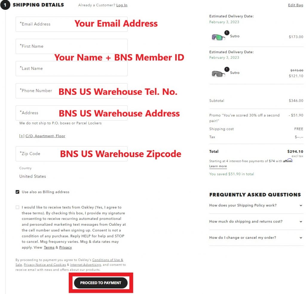 Oakley US Shopping Tutorial 6: fill in Buyandship's US warehosue address as your shipping address