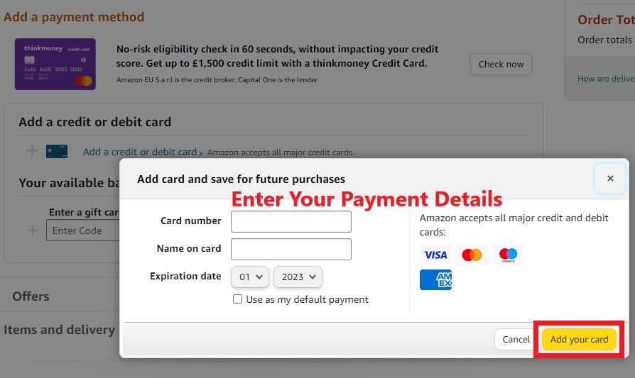 Amazon UK Shopping Tutorial 4: add payment method