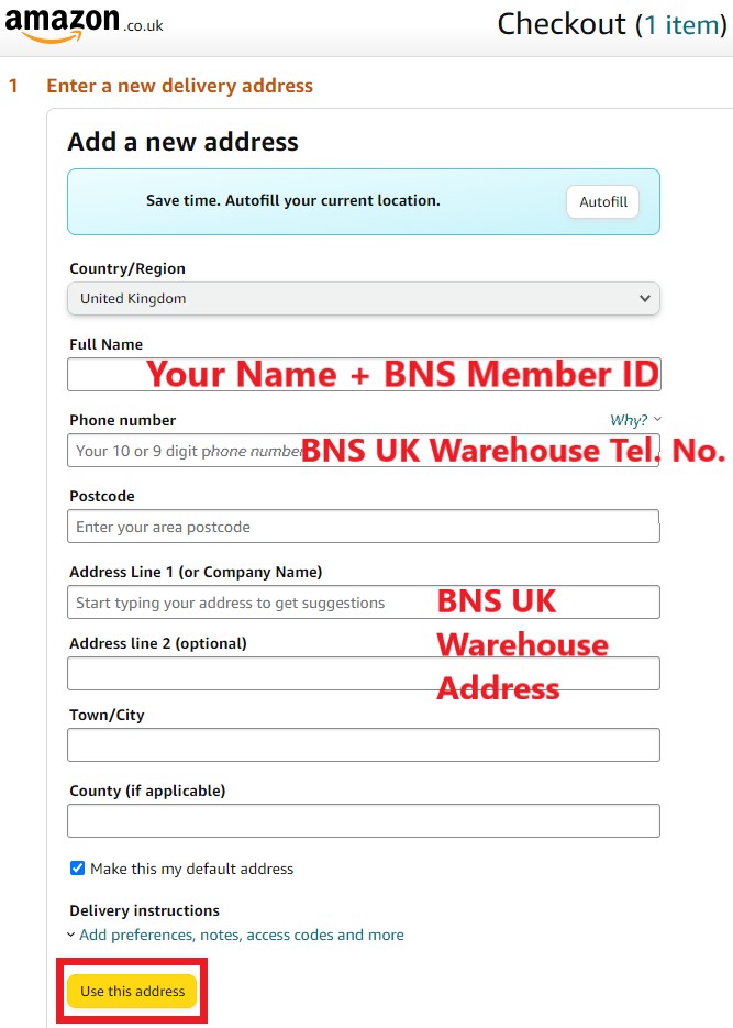 Amazon UK Shopping Tutorial 3: checkout, enter BNS UK warehouse address as shipping address