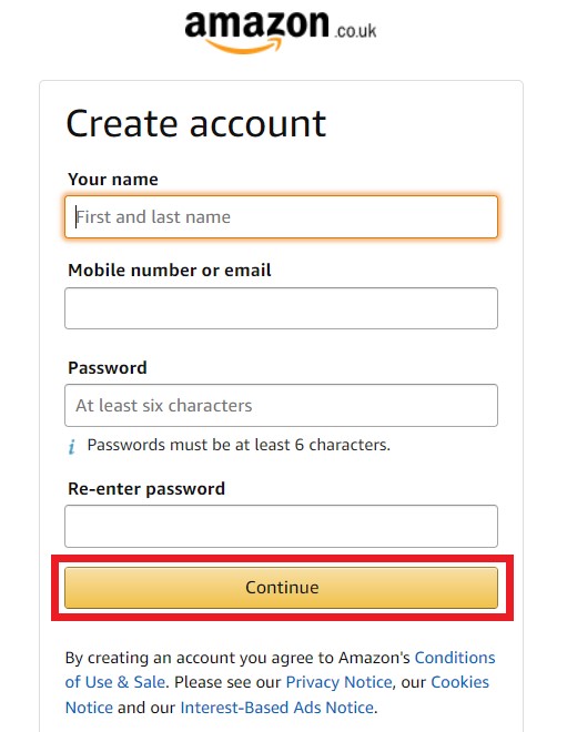 Amazon UK Shopping Tutorial 2: enter personal details to create an account