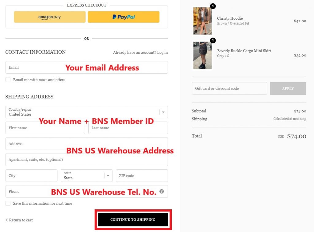 Brandy Melville USA Shopping Tutorial 5: visit cart and enter BNS US warehouse address as shipping address