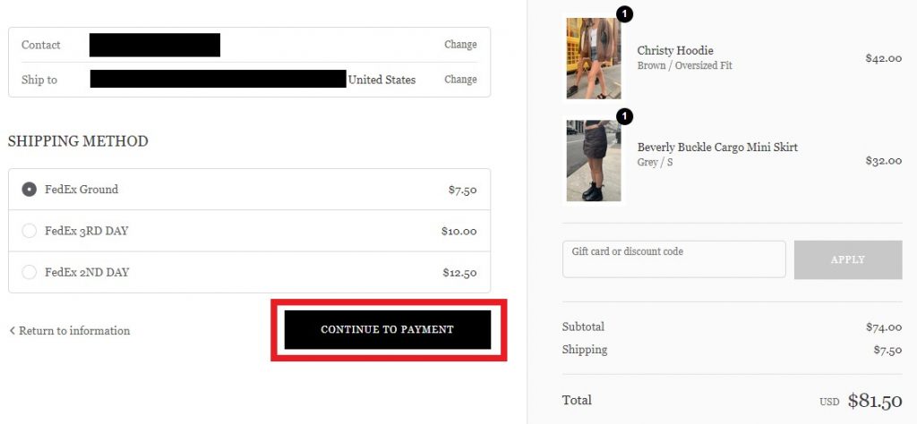Brandy Melville USA Shopping Tutorial 6: choose delivery method