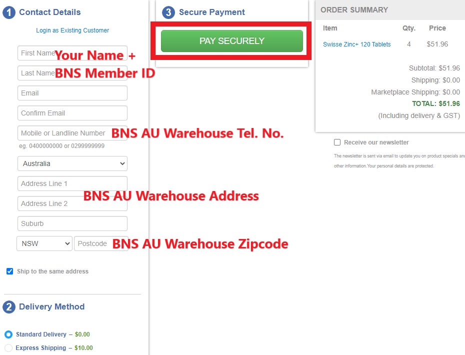 Chemist Warehouse AU Shopping Tutorial 6: enter BNS AU warehouse address as shipping address 