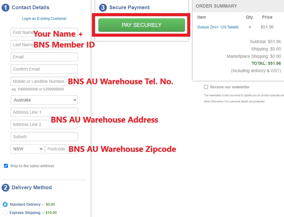 Chemist Warehouse AU Shopping Tutorial 6: enter BNS AU warehouse address as shipping address