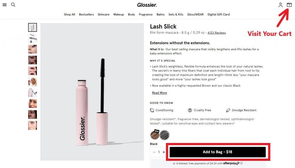 Glossier US Shopping Tutorial 4: add items into bag