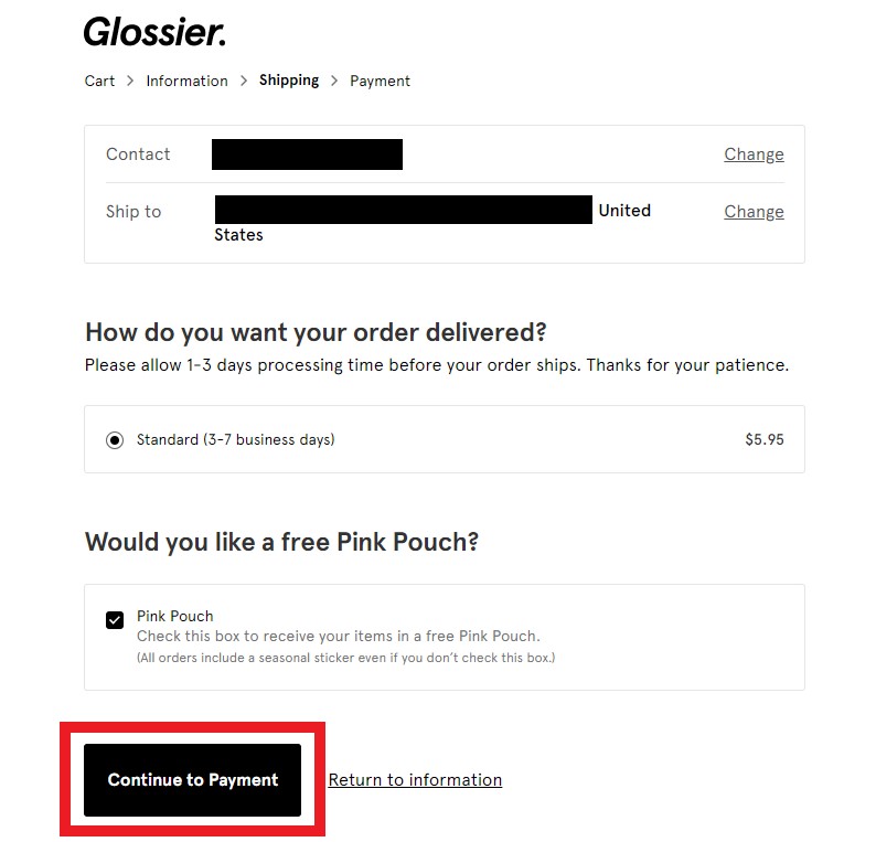 Glossier US Shopping Tutorial 6: double check details and continue to payment