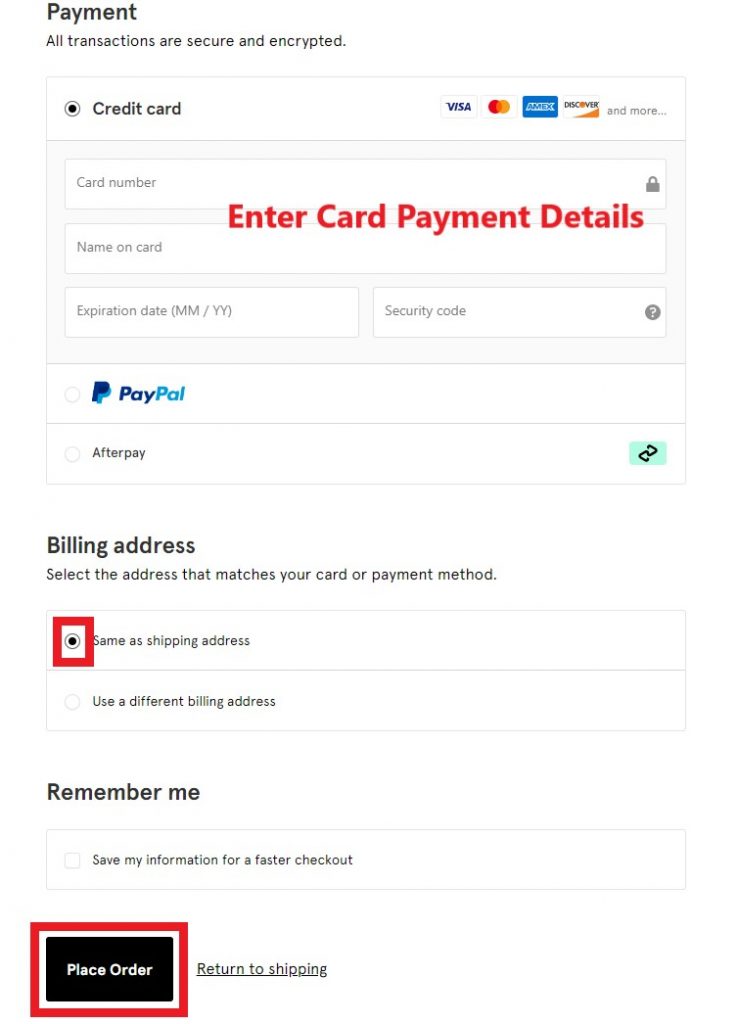 Glossier US Shopping Tutorial 7: choose payment of either credit card or paypal. Enter payment details and complete order