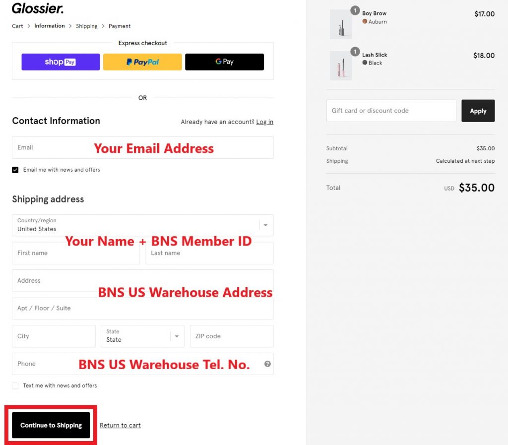 Glossier US Shopping Tutorial 5: fill in BNS US warehouse address as shipping address 