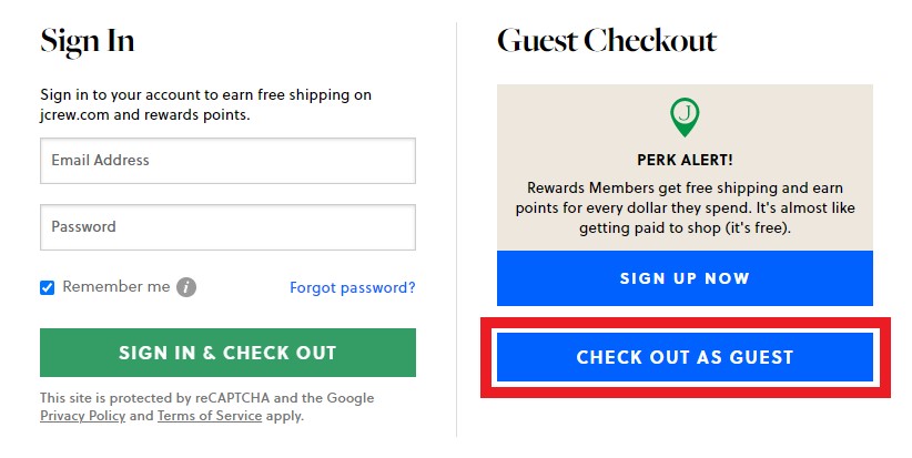 J.Crew US Shopping Tutorial 6: sign in or continue as guest