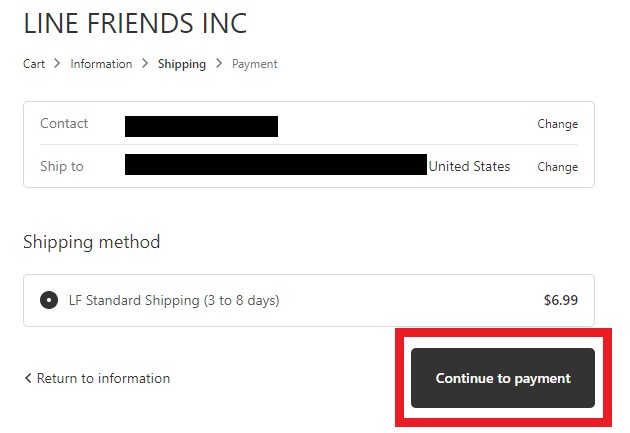 Line Friends US Shopping Tutorial 8: choose your shipping method and proceed