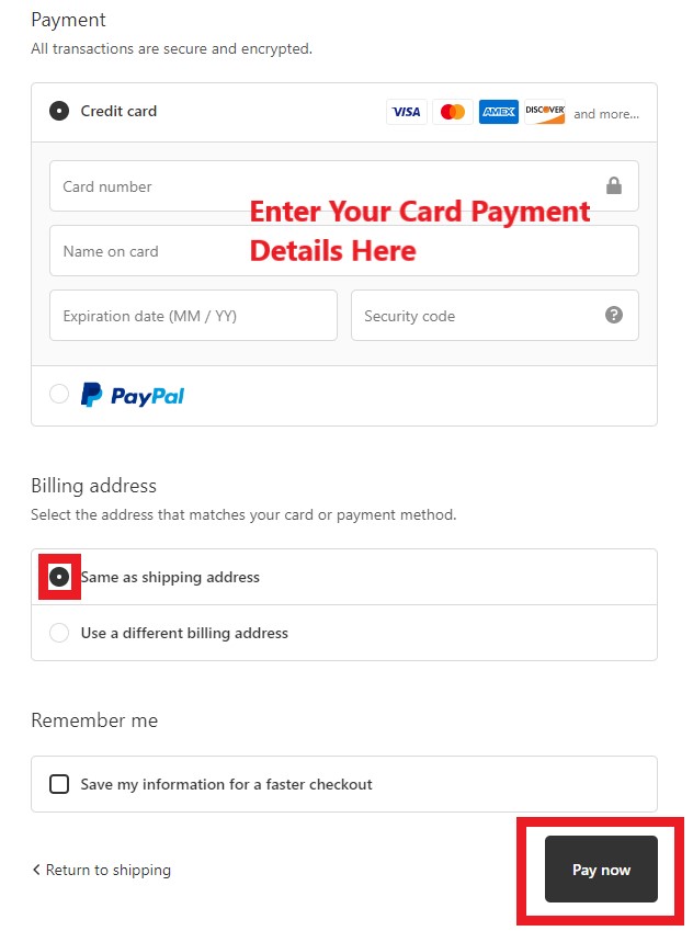 Line Friends US Shopping Tutorial 9: choose either paypal or credit card payment. Submit order