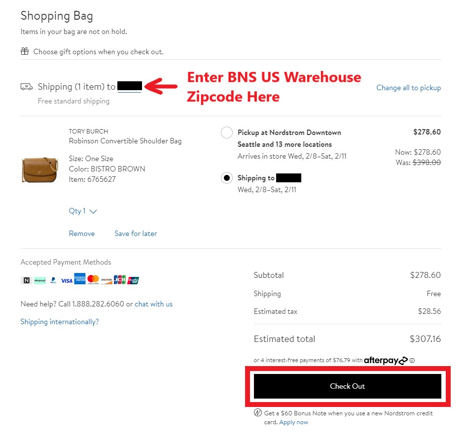 Nordstrom US Shopping Tutorial 5: enter zipcode of BNS US warehouse