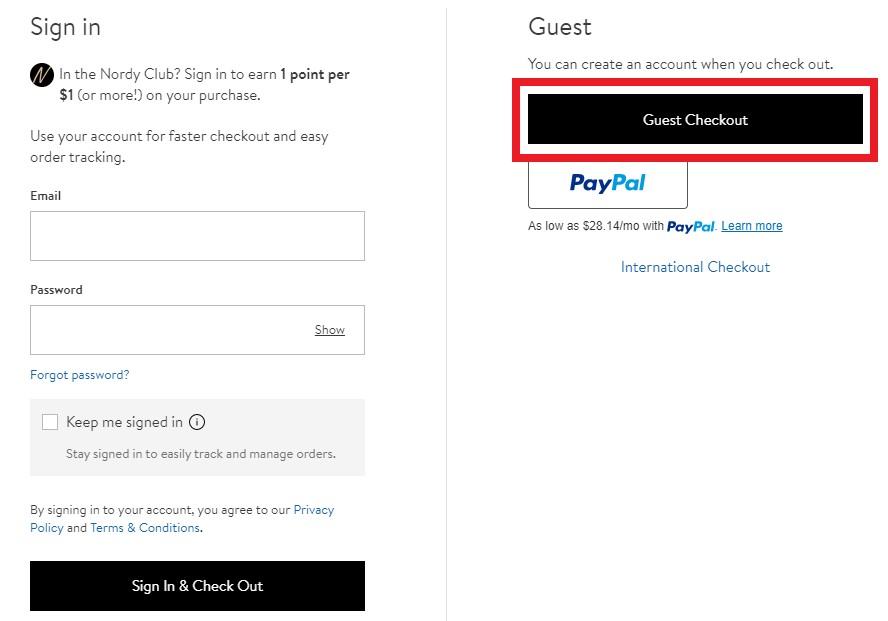 Nordstrom US Shopping Tutorial 6: select guest checkout or sign in