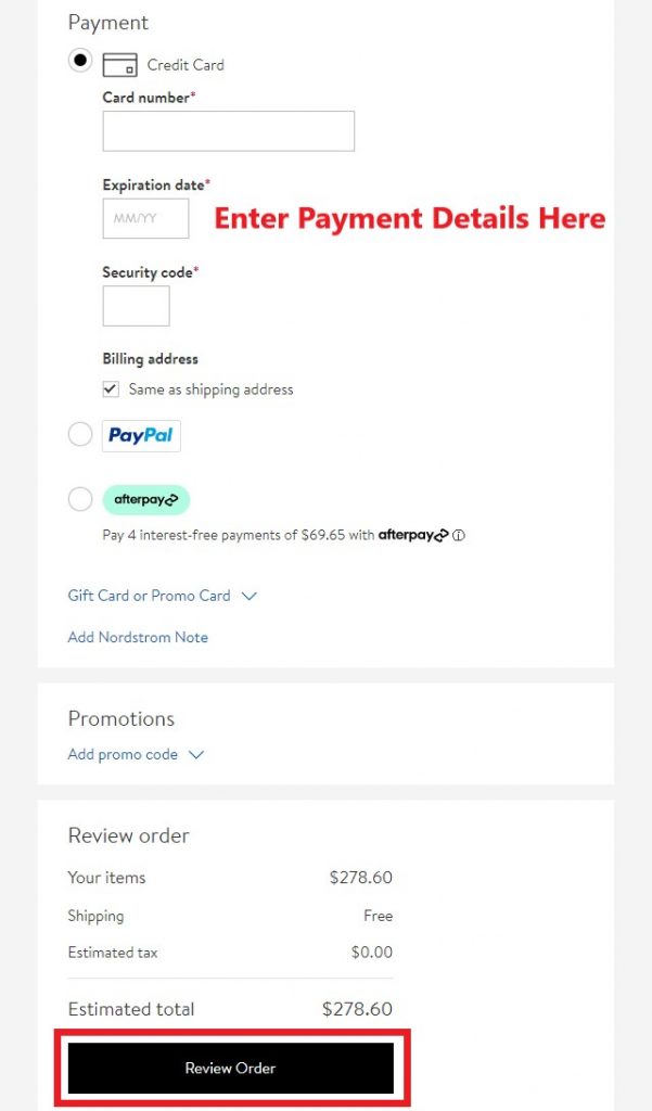 Nordstrom US Shopping Tutorial 10: choose payment method of paypal or credit card
