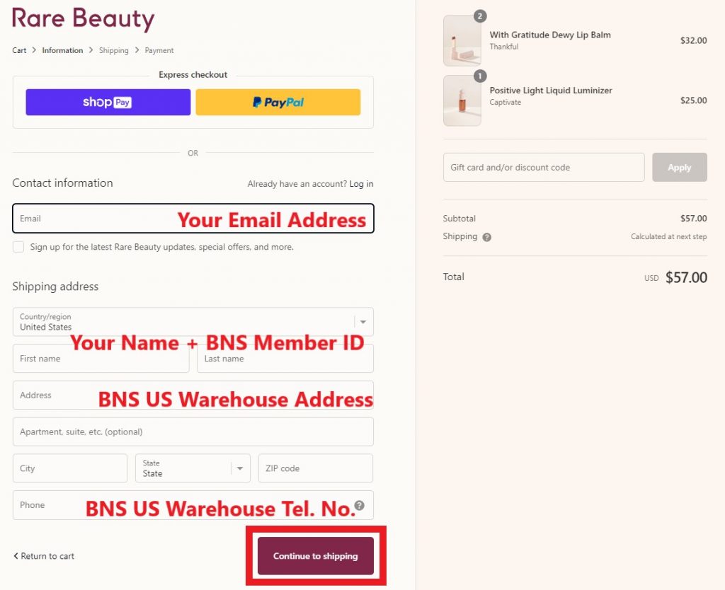 Rare Beauty US Shopping Tutorial 5: visit cart and fill in BNS US warehouse as your shipping address